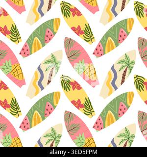 Un motif sans couture de planches de surf illustrées dans un style plat de dessin animé. Présente des motifs tropicaux comme des ananas, des palmiers et des fleurs. Idéal pour la somme Illustration de Vecteur
