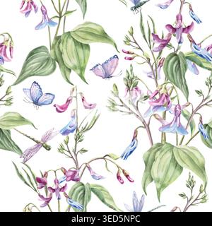 Un motif d'aquarelle délicat avec des fleurs de forêt, des feuilles et des papillons. Cette illustration est parfaite pour les dessins dans la mode, les cosmétiques, floraux Banque D'Images