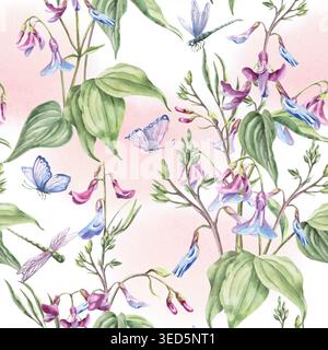 Un motif d'aquarelle délicat avec des traits doux, des fleurs de forêt, des feuilles et des papillons. Cette illustration convient à la conception à la mode Banque D'Images
