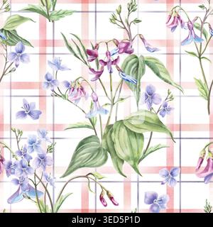 Un motif d'aquarelle délicat avec des fleurs de forêt sur un fond à carreaux rose. Crée une ambiance légère et aérée. Convient aux produits pour enfants Banque D'Images