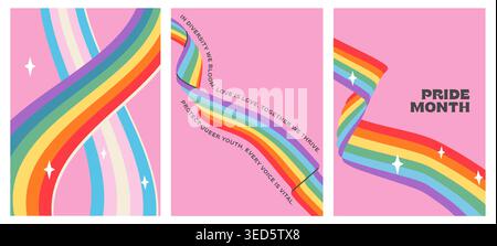 Ensemble d'affiches Queer Pride Month avec l'esthétique Y2K et vagues arc-en-ciel vaporwave. Bannières verticales LGBTQ rétro-futuristes, design graphique trans inclusif, Illustration de Vecteur