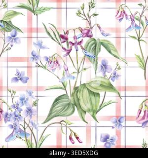 Un motif d'aquarelle délicat avec des fleurs de forêt sur un fond à carreaux rose. Crée une ambiance légère et aérée. Convient aux produits pour enfants Banque D'Images
