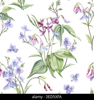 Un motif aquarelle avec des fleurs et des feuilles printanières délicates. Crée une atmosphère de tendresse et de beauté naturelle. Idéal pour les textiles, vacances Banque D'Images