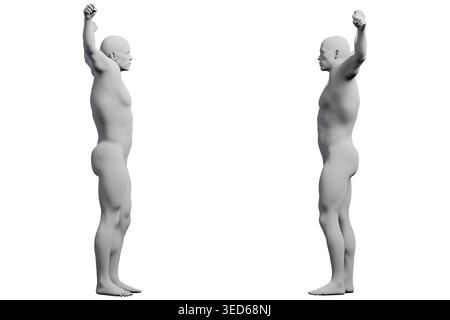Un mannequin se tient en toute confiance avec un bras levé, mettant en valeur une posture serrée et affirmée dans un cadre de studio avec une finition mate et un dos blanc Banque D'Images
