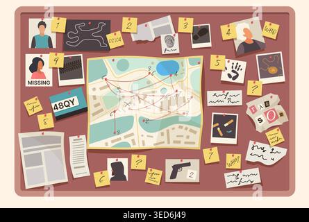 Commission de preuve de crime détective avec carte de la ville, photos, indices, notes, empreintes digitales, lettre de rançon et cas de personne disparue reliés par des chaînes rouges pour l'illustration vectorielle de concept d'investigation Illustration de Vecteur