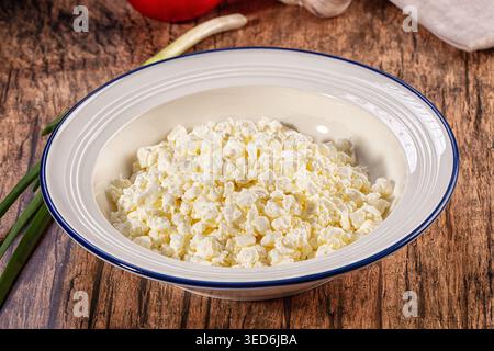 Un bol blanc de fromage cottage frais sur une table en bois rustique. Entourée d'oignons verts, de tomates et d'ail, cette nature morte saine a un chaud, n Banque D'Images