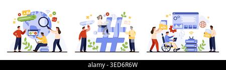 Équipe de personnes diverses analysant la recherche de données, le codage et le marketing de hashtag de médias sociaux avec des ordinateurs portables, des graphiques et des éléments d'interface isolés sur l'illustration vectorielle de fond blanc Illustration de Vecteur