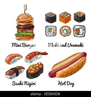 Les hamburgers sont des fast Street food. Dessin vectoriel de nourriture. Nourriture malsaine. Sushi, hot dog Illustration de Vecteur