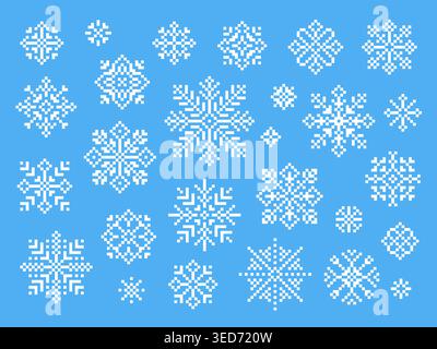 Flocons de neige en pixels. Flocon de neige blanc Pixel art style rétro. Ressources de jeu 8 conception 16 bits. Neige d'hiver, décorations de vacances, vecteur ui ux Tidy Illustration de Vecteur