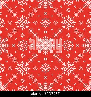 Motif pixel flocons de neige sans couture. Hiver noël vacances point de croix ou ornement tricoté avec flocon de neige blanc sur rouge. Imprimer textile, vecteur bien rangé Illustration de Vecteur