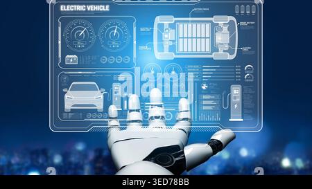 Véhicule électrique assisté PAR IA et système de gestion de l'énergie. Interface intelligente montrant les performances du véhicule électrique, le système de batterie et l'intégration avec Banque D'Images