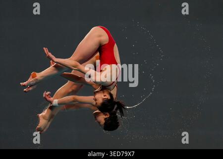 Jin Mi JO et Mi Rae Kim de PRK participent à la finale de la plate-forme synchronisée féminine au 10 m lors de la Super finale de la Coupe du monde de plongée au National Aquatics Center le 1er mai 2026 à Pékin, en Chine. (Photo de Peter Li/Nexpher images) Banque D'Images