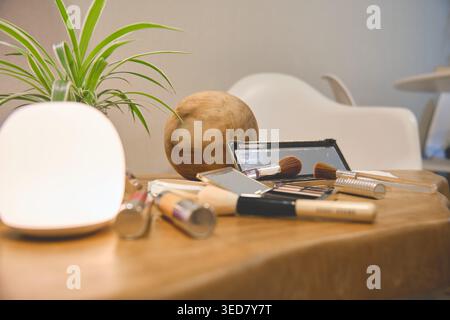 Cosmétiques, pinceaux et plantes créant une atmosphère de spa et de bien-être Banque D'Images