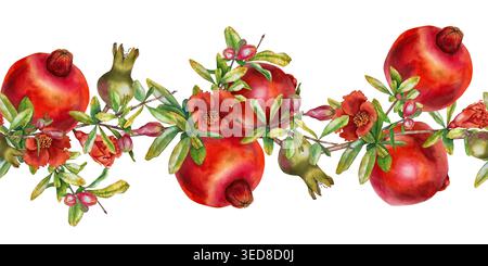 Bordure sans couture à l'aquarelle avec des grenades vibrantes, des bourgeons, des fleurs et des feuilles. Illustration pour l'emballage, le tissu, la décoration de cuisine, les papiers peints, les cartes de voeux et les cosmétiques à thème de fruits. Banque D'Images