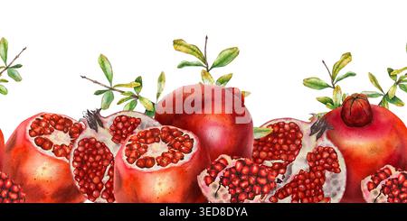 Bordure d'aquarelle sans couture avec des grenades, des graines juteuses, des feuilles et des fleurs. Illustration pour la conception d'emballage, impressions textiles, art mural, papier peint, décor de cuisine, et cosmétiques naturels. Banque D'Images