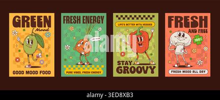 Affiches de personnages de légumes hippie groovy funky, nourriture agricole saine vectorielle. Dessin animé rétro oignon pleurer avec des feuilles vertes et des affiches mascottes de poivron. Champignon groovy funky et personnages d'olive Illustration de Vecteur