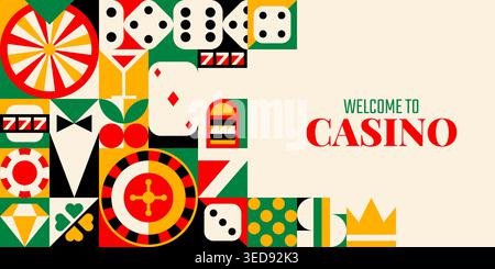 Bannière de poker de casino et de jeux de hasard avec motif géométrique, fond vectoriel. Bienvenue à la bannière de casino avec motif géométrique de dés de poker et carte as, machine à sous de jeu et roue de fortune Illustration de Vecteur