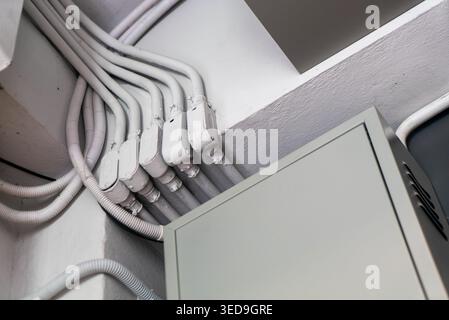 Gros plan de plusieurs câbles électriques connectés à une boîte de jonction sur un mur, présentant le câblage, le conduit et le système électrique dans un bureau ou un indust Banque D'Images