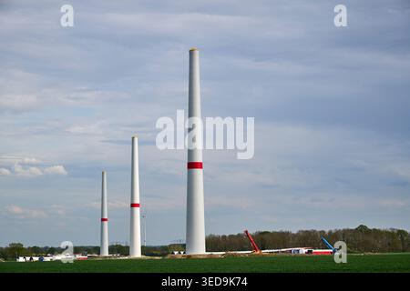 Plusieurs grandes tours éoliennes sont en construction dans un champ vert dynamique, mettant en valeur le développement des énergies renouvelables. Grues et turbine Banque D'Images