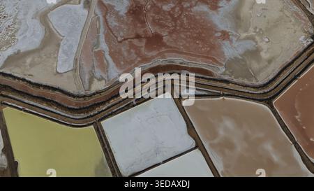 Vue aérienne des étangs colorés d'évaporation de sel avec des bassins géométriques et des chemins étroits à Cagliari, Sardaigne, Italie. Banque D'Images