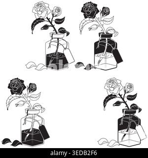 Motif noir minimaliste capturant l'essence d'une rose à l'intérieur d'un pot. Vision artistique claire et moderne parfaite pour le bien-être cosmétique ou la décoration Illustration de Vecteur