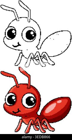 Une illustration vectorielle de fourmis rouge souriante aux côtés d'une version à colorier en noir et blanc Illustration de Vecteur