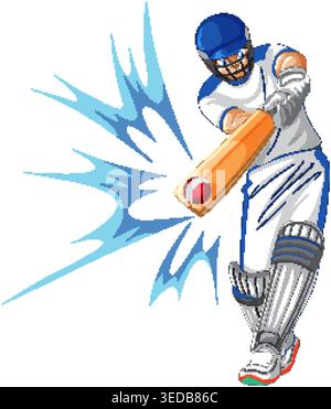 Illustration vectorielle dynamique d'un joueur de cricket frappant une balle avec des effets d'impact bleus Illustration de Vecteur
