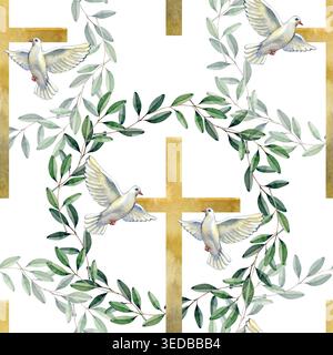 Élégant motif sans couture avec des croix dorées, des colombes blanches volantes et des branches d'olivier vertes. Cette conception d'aquarelle dessinée à la main symbolise la paix Banque D'Images