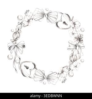 Ensemble d'illustration romantique avec serrure de coeur, clé, noeuds de ruban de soie, fleurs, perles de verre de marbre. Cadre de couronne isolé dessiné à la main au crayon. Couronne mignonne Banque D'Images