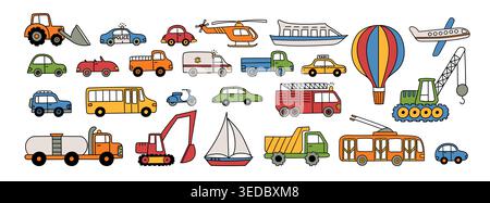 Vecteur de transport coloré avec des voitures mignonnes, camion, bus, taxi, police, ambulance, hélicoptère, avion, ballon, bateau et véhicules de construction, main Illustration de Vecteur