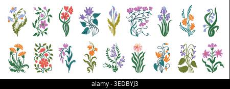 Fleurs Art nouveau et éléments botaniques floraux, ensemble vectoriel coloré de bouquets décoratifs de fleurs sauvages avec des feuilles, des vignes et des fleurs pour Illustration de Vecteur