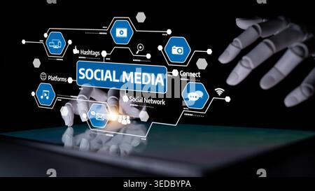 Cette image représente une interaction futuriste avec des éléments de médias sociaux sur une tablette, mettant en vedette diverses icônes numériques représentant la connexion et Banque D'Images