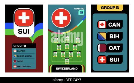 Bannières infographiques de l'équipe Suisse de football illustrant les détails du groupe B, le XI de départ et les informations sur la journée du tournoi mondial 2026 Illustration de Vecteur