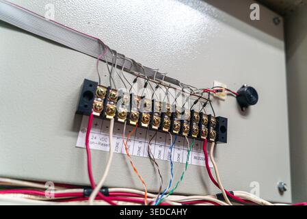 Gros plan d'une configuration de bornier de câblage électrique montrant les connexions et l'intégration de divers composants électroniques dans un panneau de commande. Banque D'Images