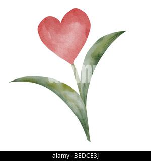 Fleur en forme de coeur aquarelle avec des feuilles vertes, illustration botanique rose isolé sur fond blanc, parfait pour la Saint-Valentin romantique ou les éléments de conception de mariage Banque D'Images