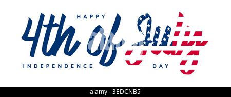 Logo de lettrage de jour de l'indépendance sur fond isolé, typographie de la main du 4 juillet aux États-Unis avec motif de drapeau américain, conception de texte du 4 juillet pour les salutations Illustration de Vecteur