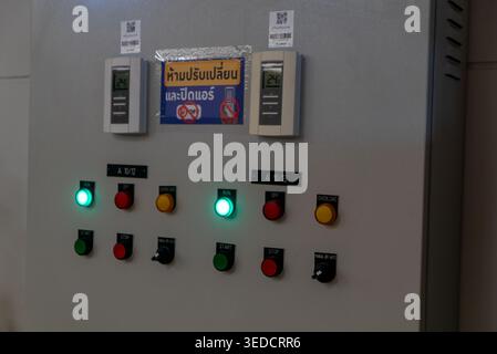Cette image présente un panneau de commande avec divers indicateurs et boutons, montrant le fonctionnement de la machine, l'efficacité dans les paramètres d'usine, et l'utilisateur int Banque D'Images