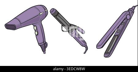 Ensemble de trois outils de coiffure vectorielle violette : sèche-cheveux, fer à friser et fer plat, isolé sur fond blanc. Illustration de Vecteur