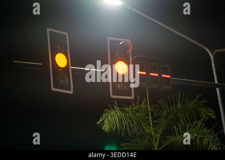 Un feu de circulation affiche un feu orange à côté d'un feu rouge dans un environnement urbain la nuit, mettant en évidence la sécurité des transports et la réglementation routière. Banque D'Images