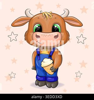 Adorable Cartoon Bull mignon avec crème glacée. Illustration vectorielle de l'animal sur fond orange avec des étoiles. Illustration de Vecteur