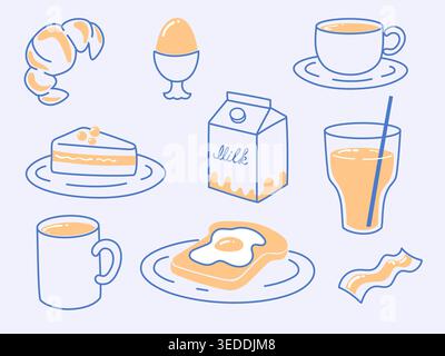 Petit-déjeuner coquette en bleu et jaune ensemble de couleurs croquis. Nourriture italienne mignonne comme citron, croissant, crêpes et beurre avec tasse de café comme repas de brunch chaud Illustration de Vecteur