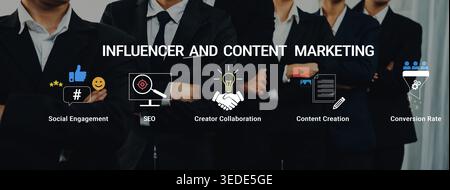 Groupe professionnel de personnes en costumes discutant des stratégies d'influence et de marketing de contenu avec Visual Icons Haptic. Banque D'Images