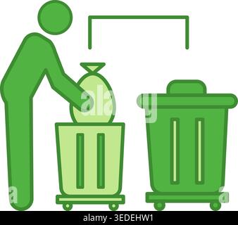 Icône de tri des déchets verts. Icône vectorielle d'un homme mettant des ordures dans une certaine Corbeille Can. Écologie et concept de protection de l'environnement Illustration de Vecteur
