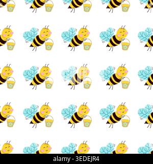 Modèle sans couture avec de mignonnes abeilles de dessin animé sur un fond blanc. Imprimé insecte de dessin animé coloré Illustration de Vecteur
