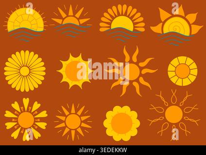 Ensemble d'icônes de soleil lumineux dans un style plat sur un fond brun. Palette chaude jaune et orange, parfaite pour les applications météo Illustration de Vecteur