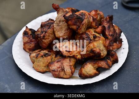 Morceaux de viande grillée juteuse sur assiette jetable au barbecue Banque D'Images