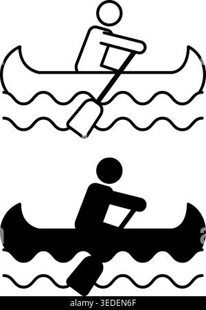 Icônes de canoë. Icônes vectorielles noir et blanc de l'homme dans le bateau. Sports de kayak, kayak. Concept Camping et Tourisme Illustration de Vecteur
