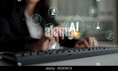 Gros plan des mains tapant sur le clavier avec des icônes de concept ai représentant la technologie, la science et les données dans l'environnement haptique moderne de l'espace de travail. Banque D'Images