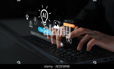 Mains tapant sur ordinateur portable avec des icônes ai, interface numérique montrant une technologie innovante et des solutions intelligentes dans un environnement sombre gluon. Banque D'Images