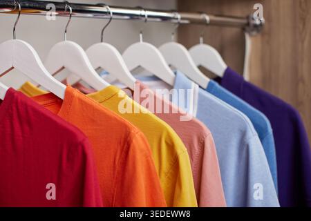 T-shirts colorés et polos accrochés soigneusement sur des cintres blancs à l'intérieur d'une armoire en bois, représentant l'organisation et la sélection Banque D'Images